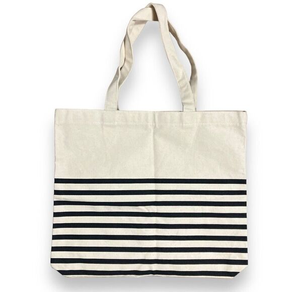J Crew Tote Adult Canvas Striped Square Everyday Cotton H4998 Navy Blue - Picture 8 of 8